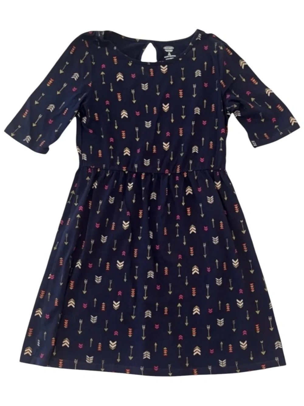 Old Navy Girls Dress Size 8 Navy Blue Gold Pink Arrow Print Short Sleeve Casual